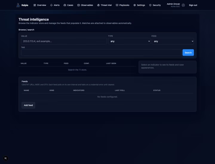 Kelpie local threat intelligence store with indicator search, feed filters, confidence, and feed management
